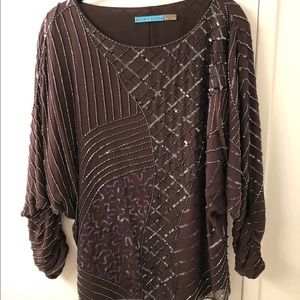 Alice + Olivia Sequin Beaded Blouse - Plum Color